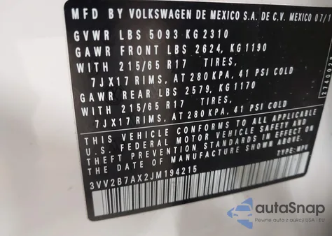 2018 Volkswagen Tiguan 2.0T Se/2.0T Sel z USA, uszkodzony, nr VIN 3VV2B7AX2JM194215